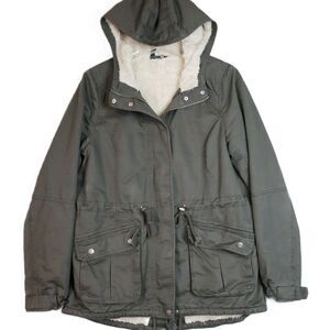 H&M Divided Jacket Women’s 8 Green Sherpa-Lined Adjustable Waist Hooded Full-Zip